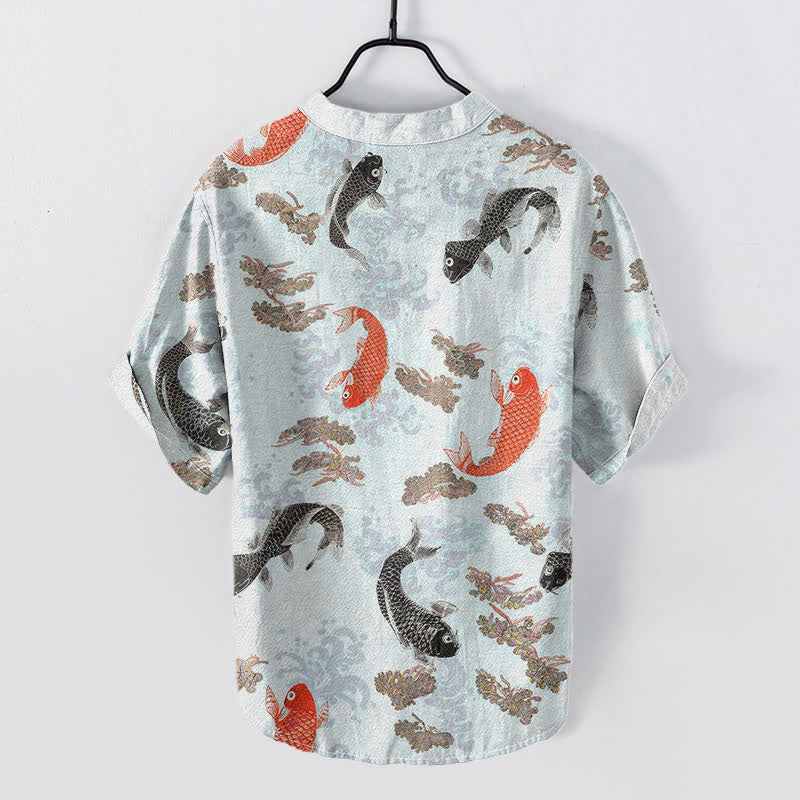 Nimara Ritual Cotton Koi Fish Water Wave Pattern Men's Short Sleeve Half Button Shirt