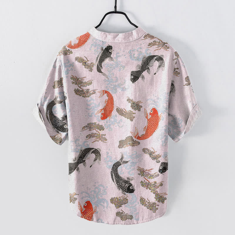 Nimara Ritual Cotton Koi Fish Water Wave Pattern Men's Short Sleeve Half Button Shirt