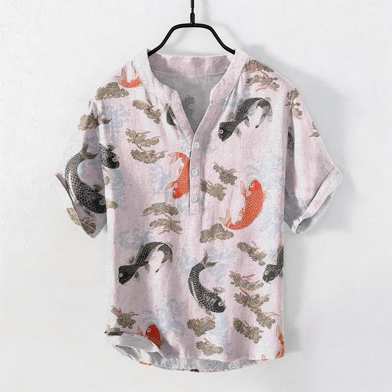 Nimara Ritual Cotton Koi Fish Water Wave Pattern Men's Short Sleeve Half Button Shirt