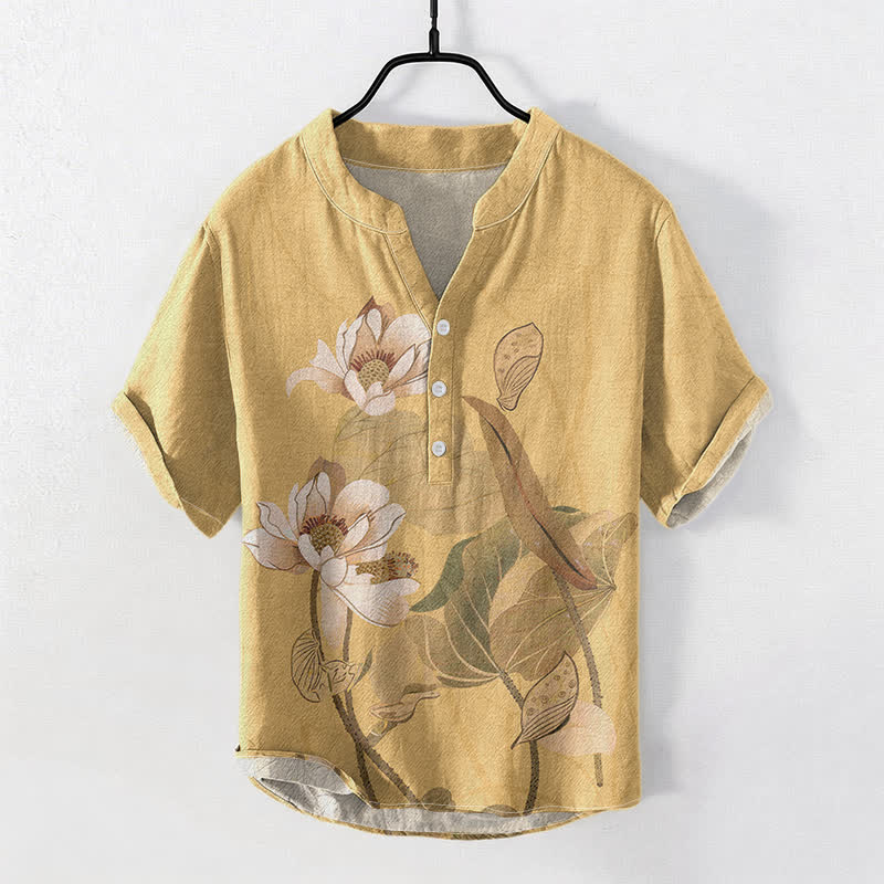 Nimara Ritual Cotton Hand Painted Lotus Pattern Men's Short Sleeve Half Button Shirt