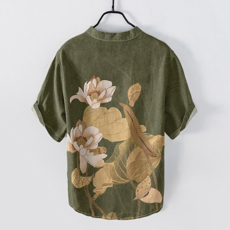 Nimara Ritual Cotton Hand Painted Lotus Pattern Men's Short Sleeve Half Button Shirt
