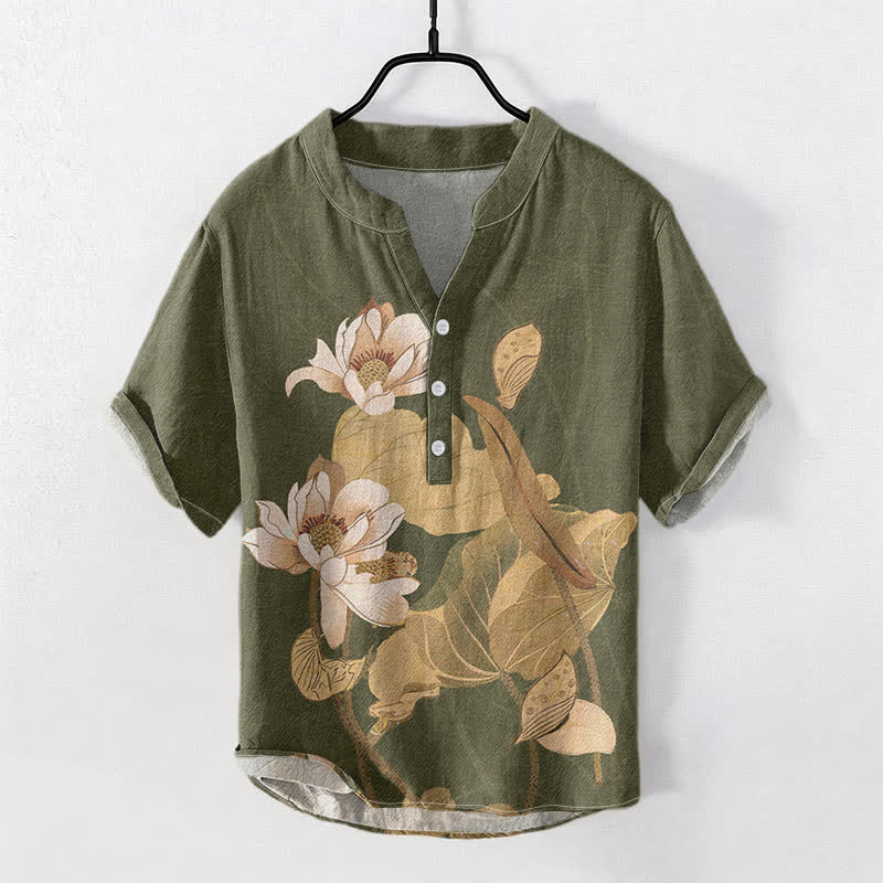 Nimara Ritual Cotton Hand Painted Lotus Pattern Men's Short Sleeve Half Button Shirt