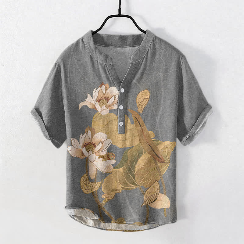 Nimara Ritual Cotton Hand Painted Lotus Pattern Men's Short Sleeve Half Button Shirt