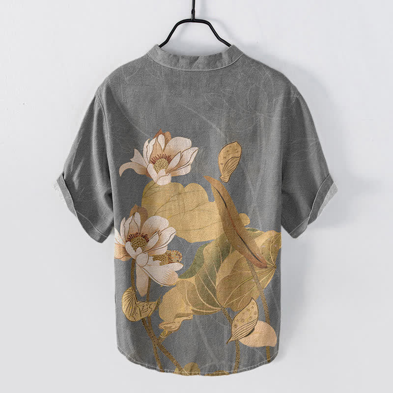 Nimara Ritual Cotton Hand Painted Lotus Pattern Men's Short Sleeve Half Button Shirt