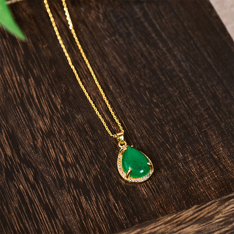 Nimara Ritual 925 Sterling Silver Chain Retro Green Agate Copper Teardrop Luck Wealth Necklace Pendant