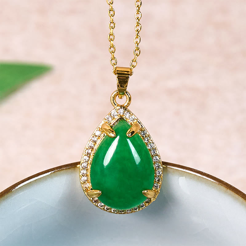 Nimara Ritual 925 Sterling Silver Chain Retro Green Agate Copper Teardrop Luck Wealth Necklace Pendant
