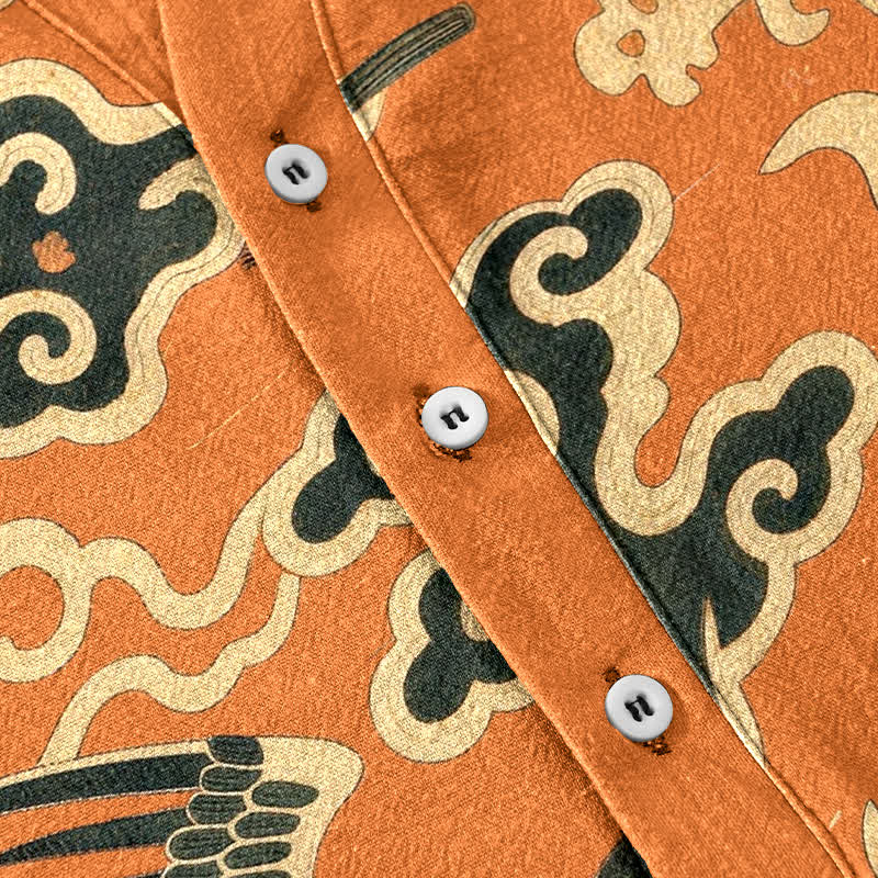 Nimara Ritual Cotton Crane Cloud Motif Pattern Men's Short Sleeve Half Button Shirt