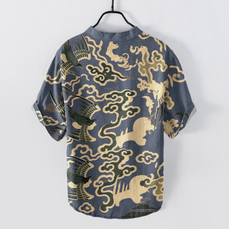Nimara Ritual Cotton Crane Cloud Motif Pattern Men's Short Sleeve Half Button Shirt