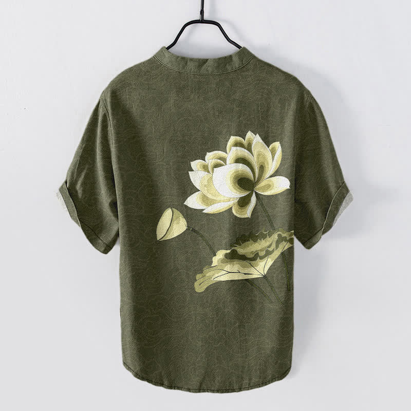 Nimara Ritual Cotton Watercolor Lotus Pattern Men's Short Sleeve Half Button Shirt