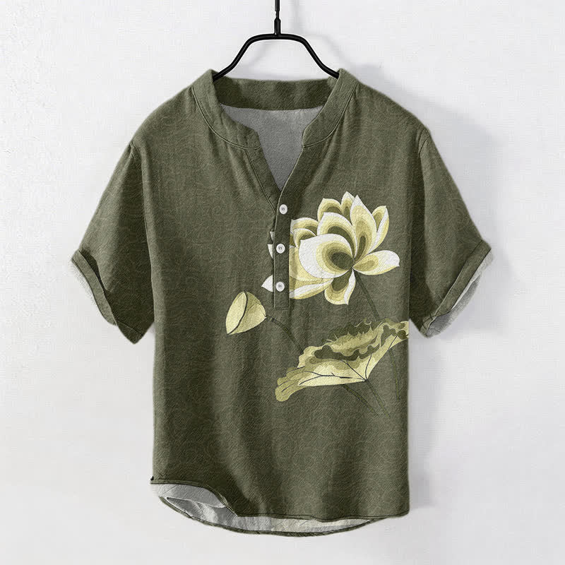 Nimara Ritual Cotton Watercolor Lotus Pattern Men's Short Sleeve Half Button Shirt