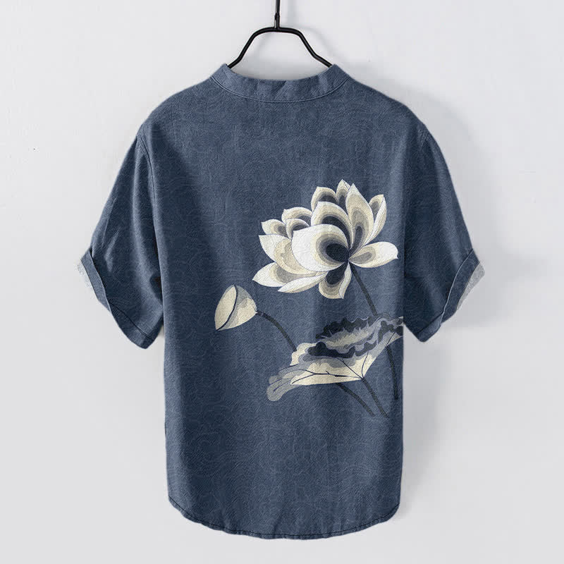 Nimara Ritual Cotton Watercolor Lotus Pattern Men's Short Sleeve Half Button Shirt