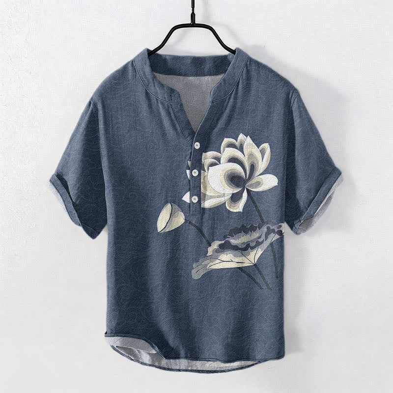 Nimara Ritual Cotton Watercolor Lotus Pattern Men's Short Sleeve Half Button Shirt