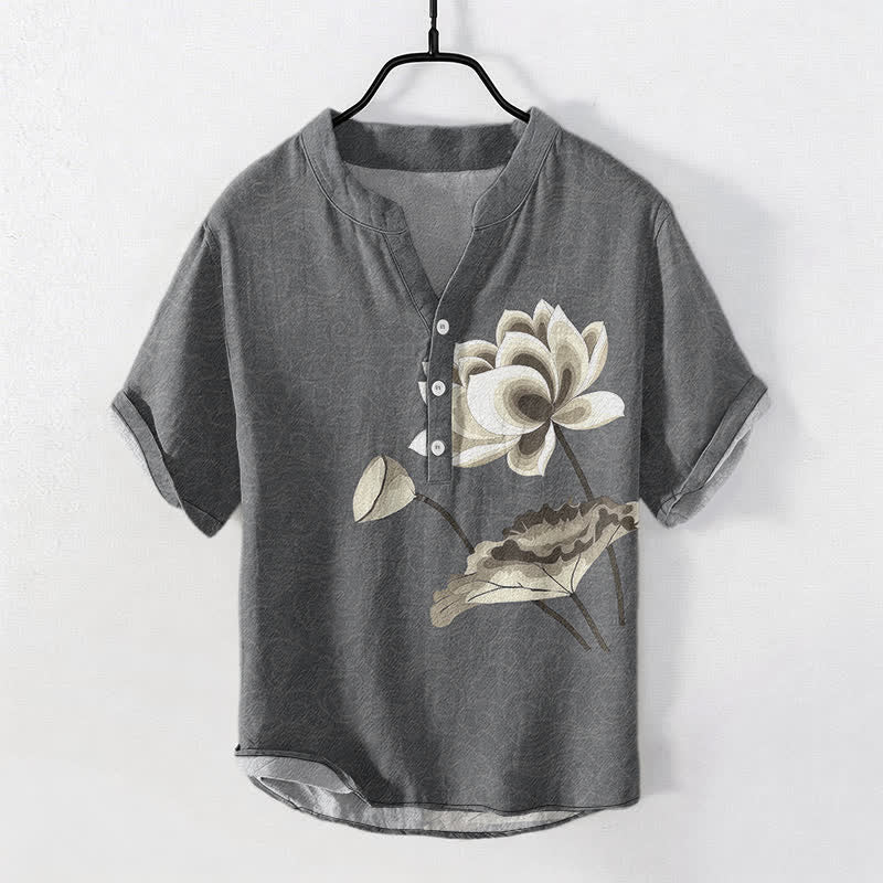 Nimara Ritual Cotton Watercolor Lotus Pattern Men's Short Sleeve Half Button Shirt