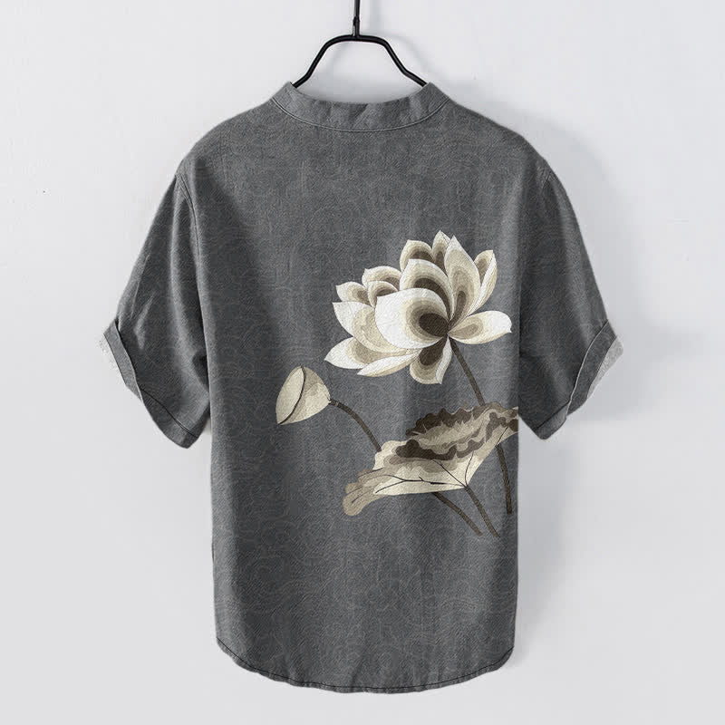 Nimara Ritual Cotton Watercolor Lotus Pattern Men's Short Sleeve Half Button Shirt