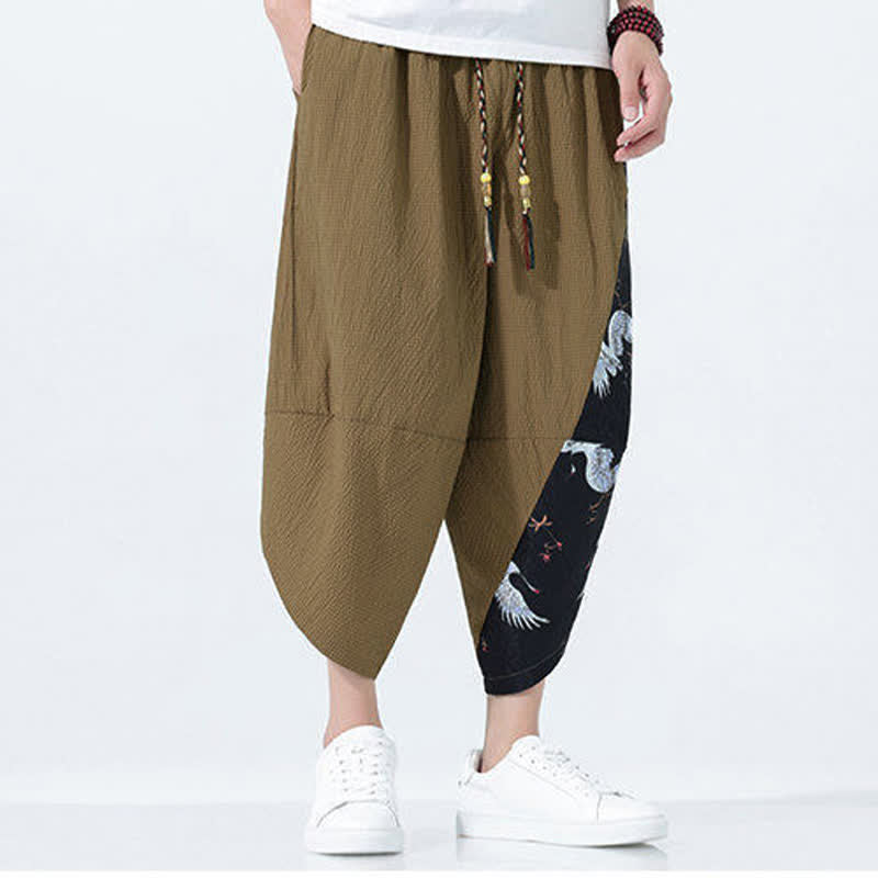 Nimara Ritual Summer Drawstring Tassel Crane Print Men's Harem Pants