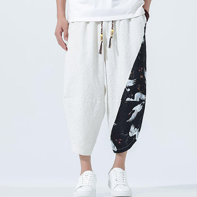 Nimara Ritual Summer Drawstring Tassel Crane Print Men's Harem Pants
