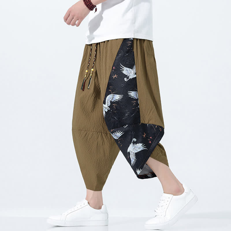Nimara Ritual Summer Drawstring Tassel Crane Print Men's Harem Pants