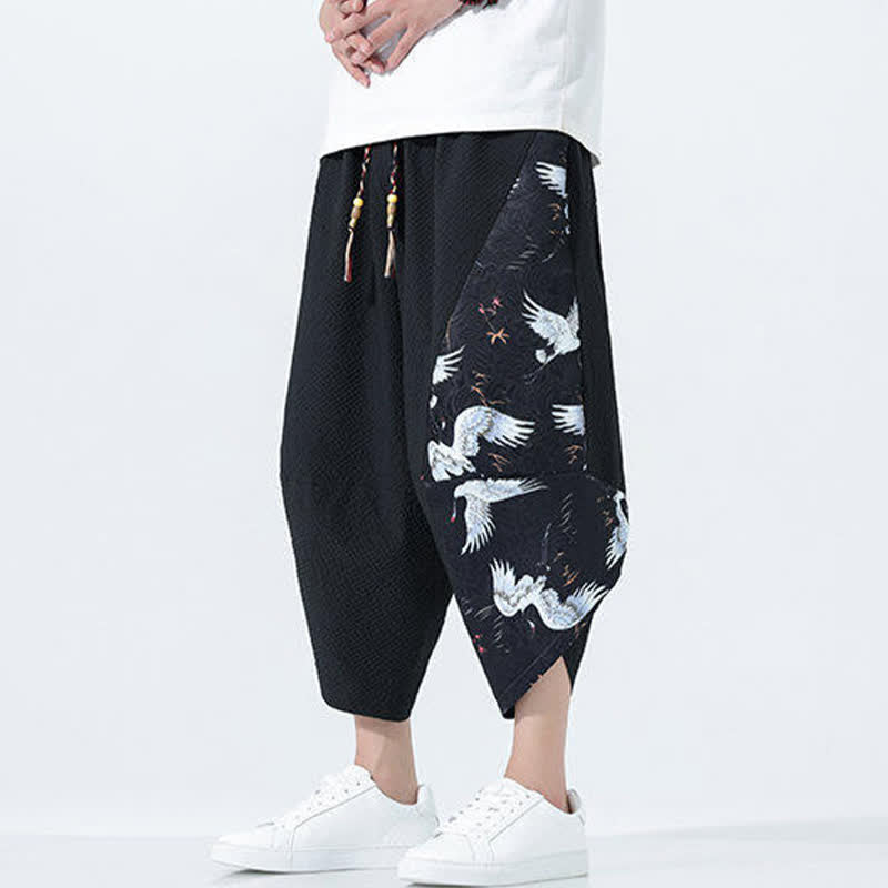 Nimara Ritual Summer Drawstring Tassel Crane Print Men's Harem Pants