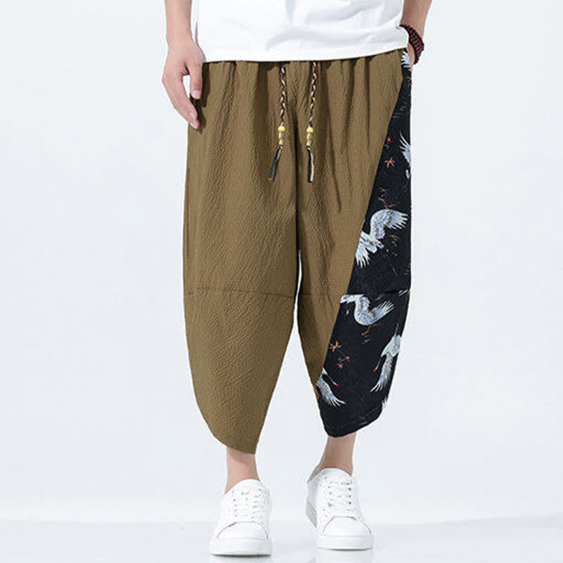 Nimara Ritual Summer Drawstring Tassel Crane Print Men's Harem Pants