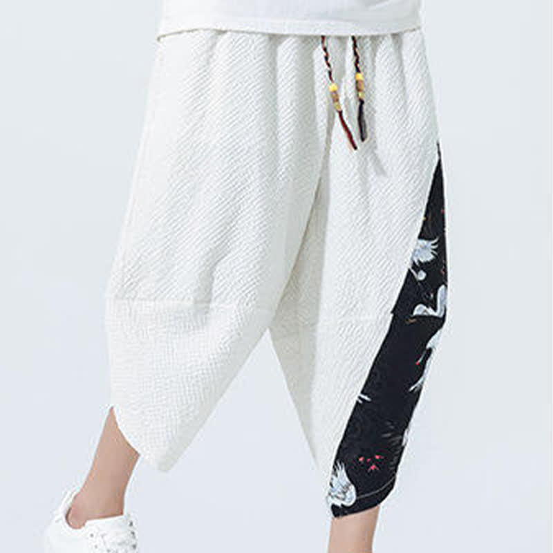 Nimara Ritual Summer Drawstring Tassel Crane Print Men's Harem Pants