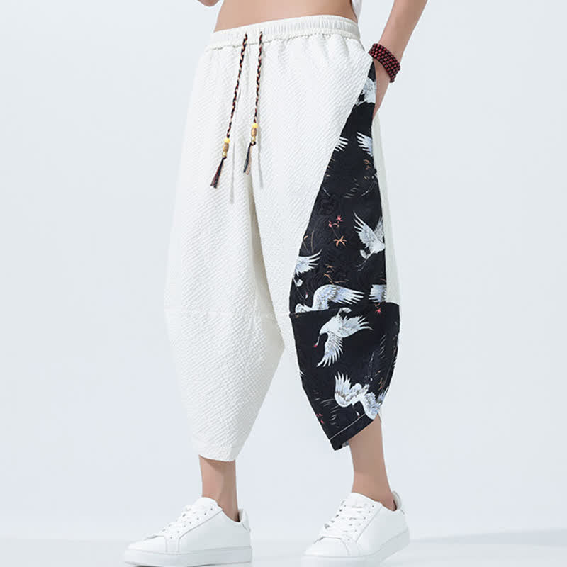 Nimara Ritual Summer Drawstring Tassel Crane Print Men's Harem Pants