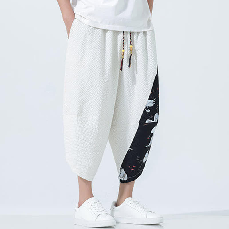 Nimara Ritual Summer Drawstring Tassel Crane Print Men's Harem Pants
