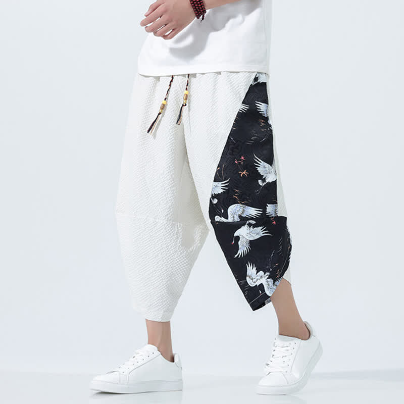 Nimara Ritual Summer Drawstring Tassel Crane Print Men's Harem Pants