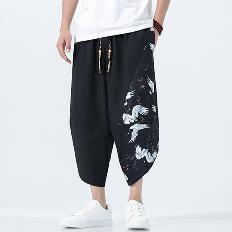 Nimara Ritual Summer Drawstring Tassel Crane Print Men's Harem Pants