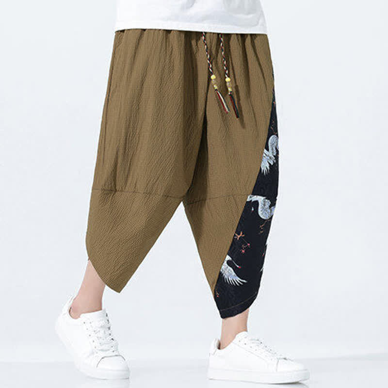 Nimara Ritual Summer Drawstring Tassel Crane Print Men's Harem Pants