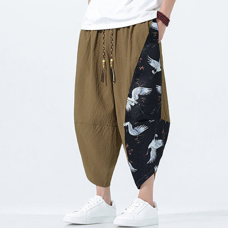 Nimara Ritual Summer Drawstring Tassel Crane Print Men's Harem Pants