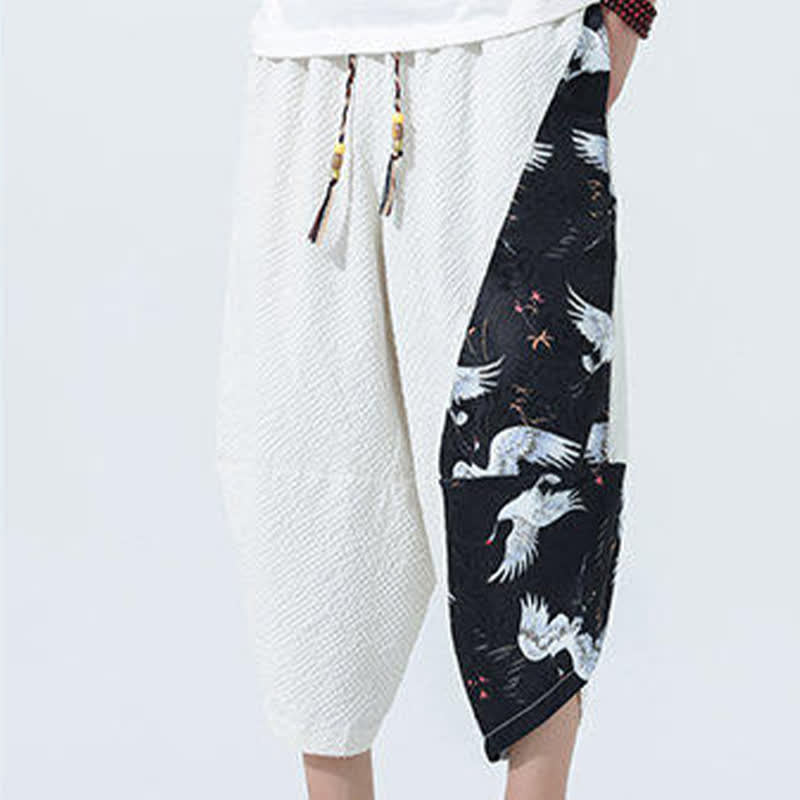 Nimara Ritual Summer Drawstring Tassel Crane Print Men's Harem Pants