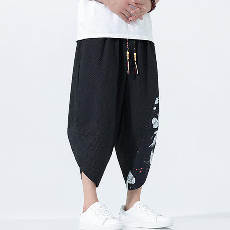 Nimara Ritual Summer Drawstring Tassel Crane Print Men's Harem Pants