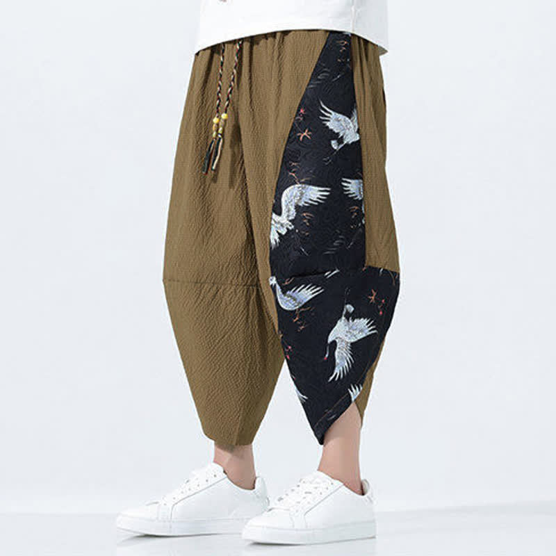 Nimara Ritual Summer Drawstring Tassel Crane Print Men's Harem Pants