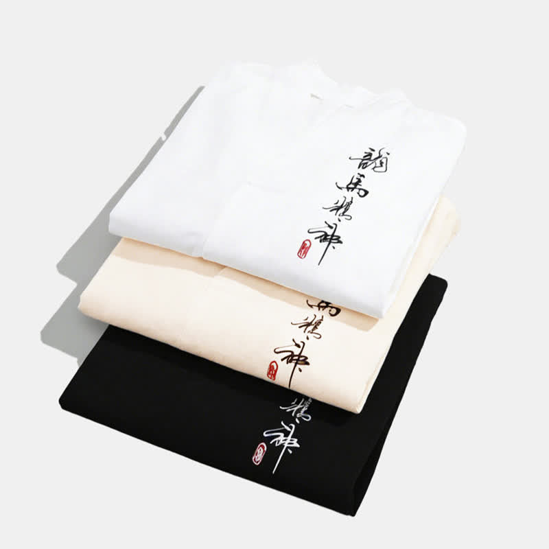Nimara Ritual Summer Tang Style Embroidery Mandarin Collar Calligraphy Print Men's Short Sleeve T-Shirts