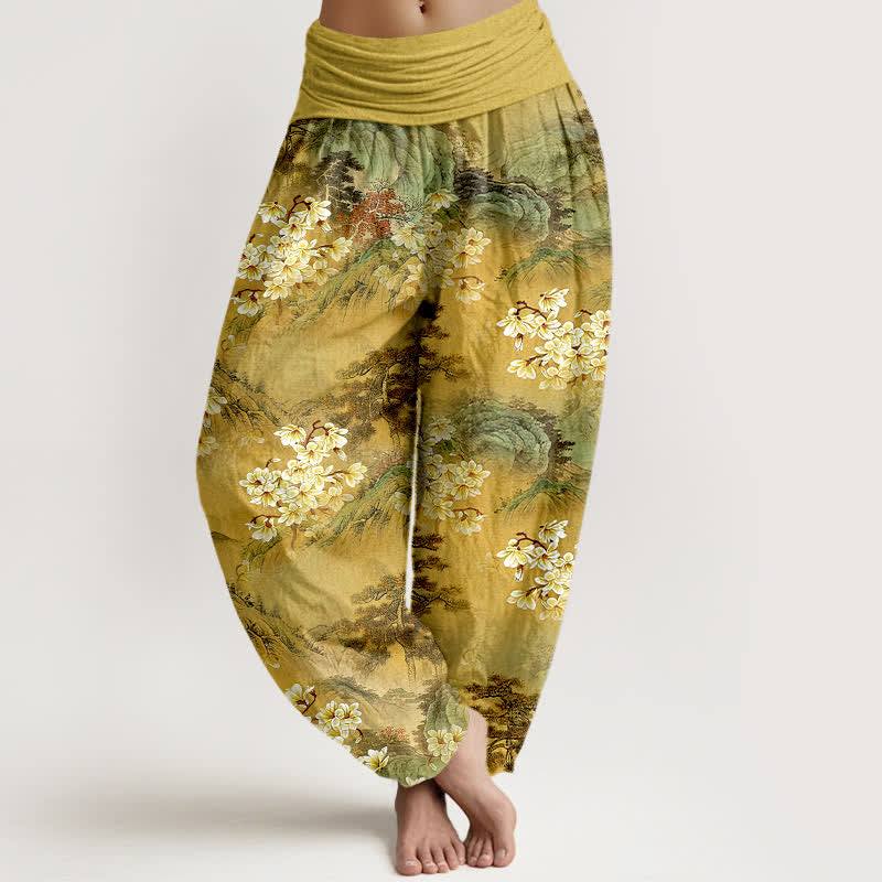 Nimara Ritual Pure Cotton Bohemian Watercolor Floral Pattern Women's Elastic Waist Harem Pants