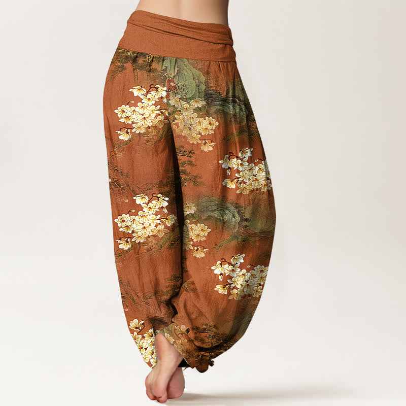 Nimara Ritual Pure Cotton Bohemian Watercolor Floral Pattern Women's Elastic Waist Harem Pants