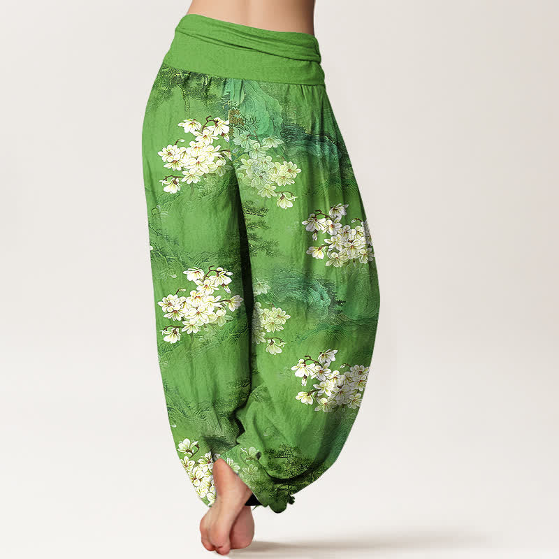 Nimara Ritual Pure Cotton Bohemian Watercolor Floral Pattern Women's Elastic Waist Harem Pants