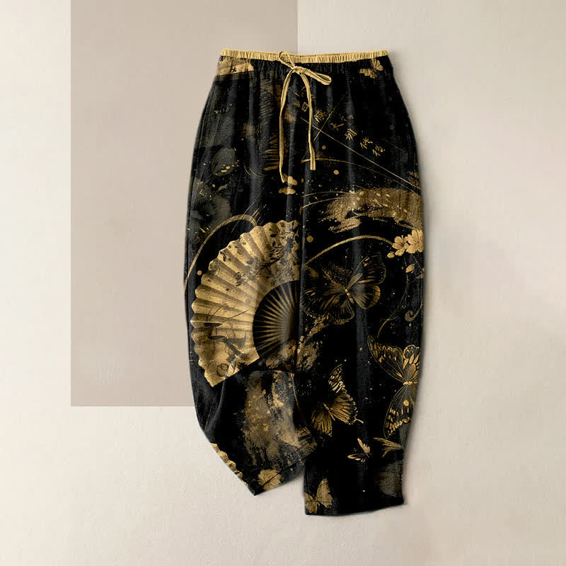 Nimara Ritual Gold Foil Butterfly Fan Floral Pattern Women's Elastic Waist Pants With Pockets