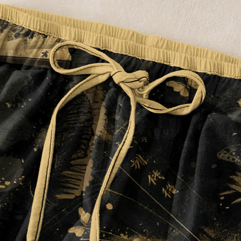 Nimara Ritual Gold Foil Butterfly Fan Floral Pattern Women's Elastic Waist Pants With Pockets