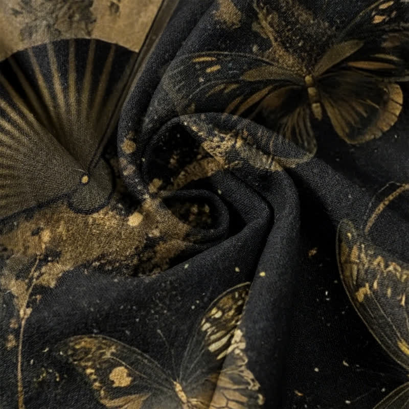 Nimara Ritual Gold Foil Butterfly Fan Floral Pattern Women's Elastic Waist Pants With Pockets