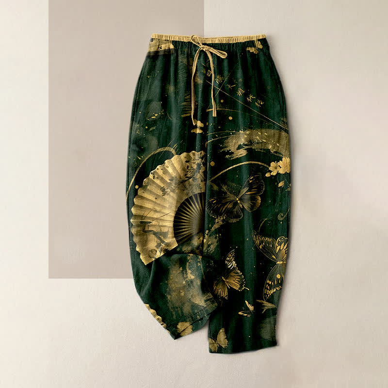 Nimara Ritual Gold Foil Butterfly Fan Floral Pattern Women's Elastic Waist Pants With Pockets
