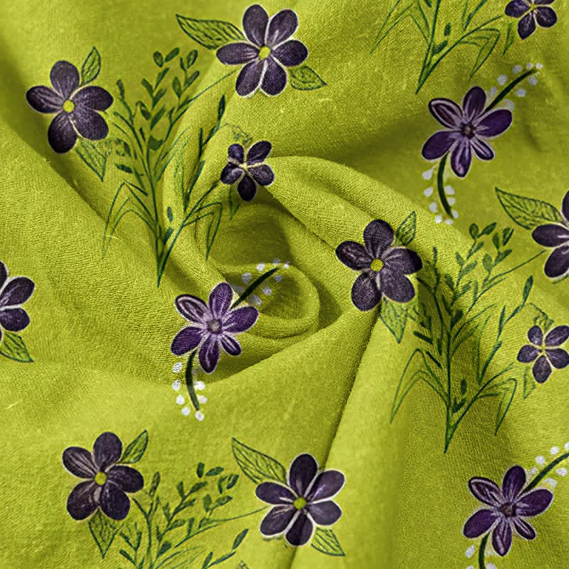 Nimara Ritual Pure Cotton Purple Floral Leaf Pattern Women's Elastic Waist Pants With Pockets