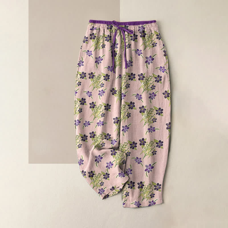 Nimara Ritual Pure Cotton Purple Floral Leaf Pattern Women's Elastic Waist Pants With Pockets