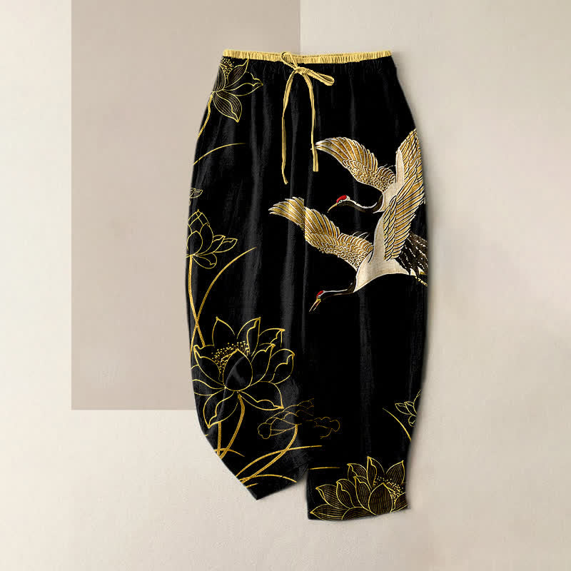 Nimara Ritual Pure Cotton Crane Lotus Pattern Women's Elastic Waist Pants With Pockets