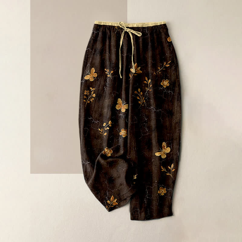 Nimara Ritual Pure Cotton Gold Butterfly Floral Pattern Women's Elastic Waist Pants With Pockets