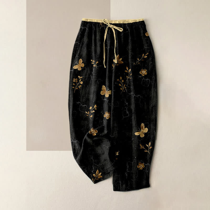 Nimara Ritual Pure Cotton Gold Butterfly Floral Pattern Women's Elastic Waist Pants With Pockets