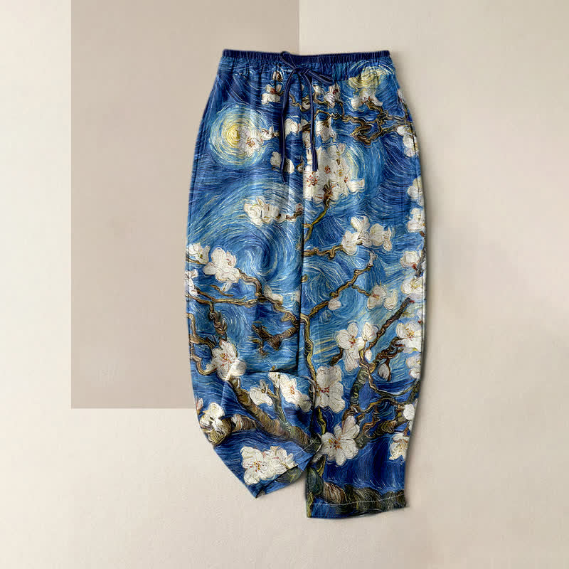 Nimara Ritual Van Gogh Starry Sky Almond Blossom Pattern Women's Elastic Waist Pants With Pockets