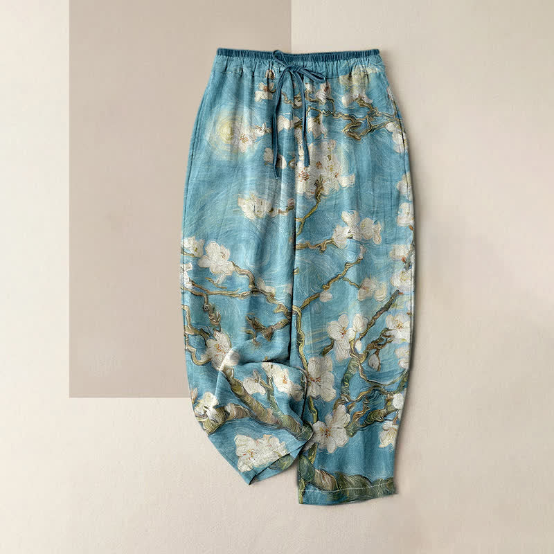 Nimara Ritual Van Gogh Starry Sky Almond Blossom Pattern Women's Elastic Waist Pants With Pockets