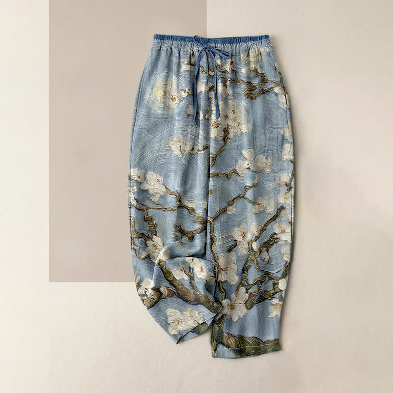 Nimara Ritual Van Gogh Starry Sky Almond Blossom Pattern Women's Elastic Waist Pants With Pockets