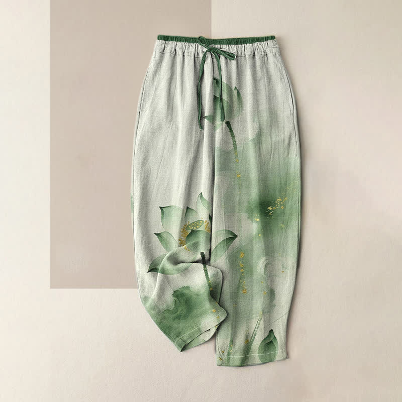 Nimara Ritual Pure Cotton Lotus Gold Fleck Pattern Women's Elastic Waist Pants With Pockets
